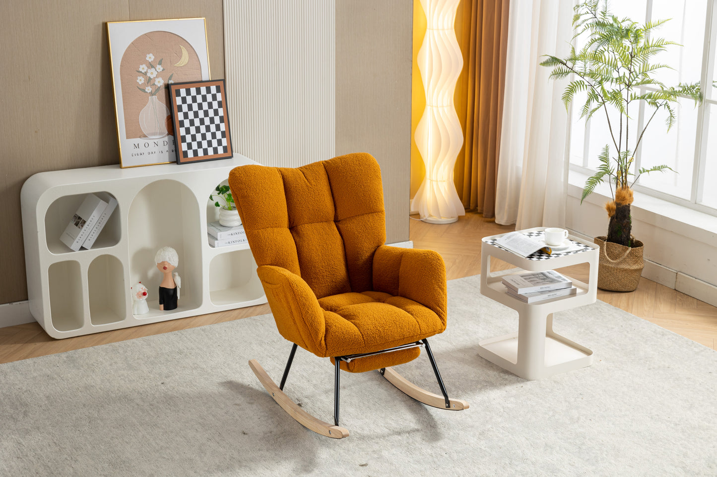 053-Teddy Fabric Rocking Chair With Adjustable Footrest,Caramel