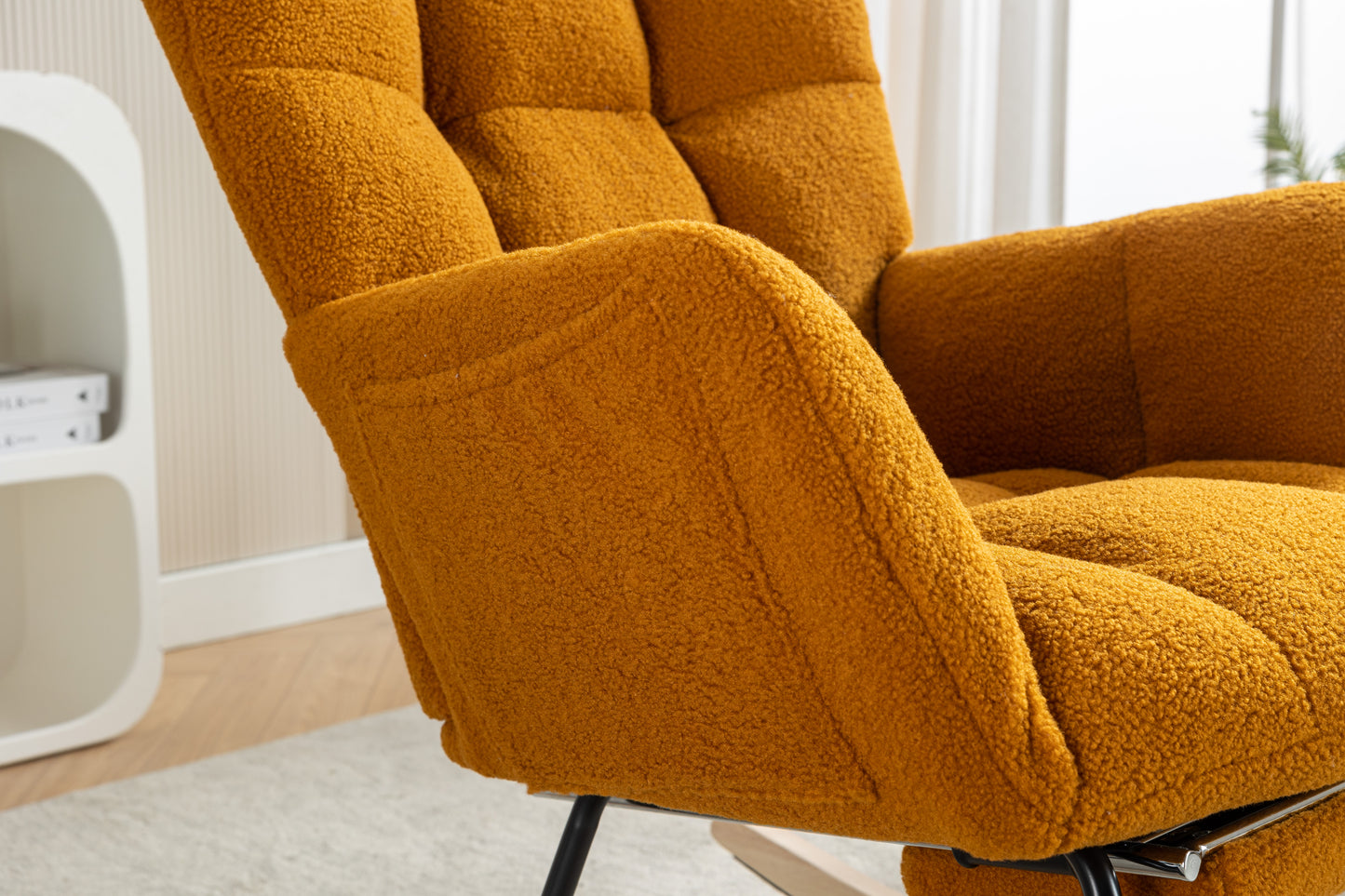 053-Teddy Fabric Rocking Chair With Adjustable Footrest,Caramel