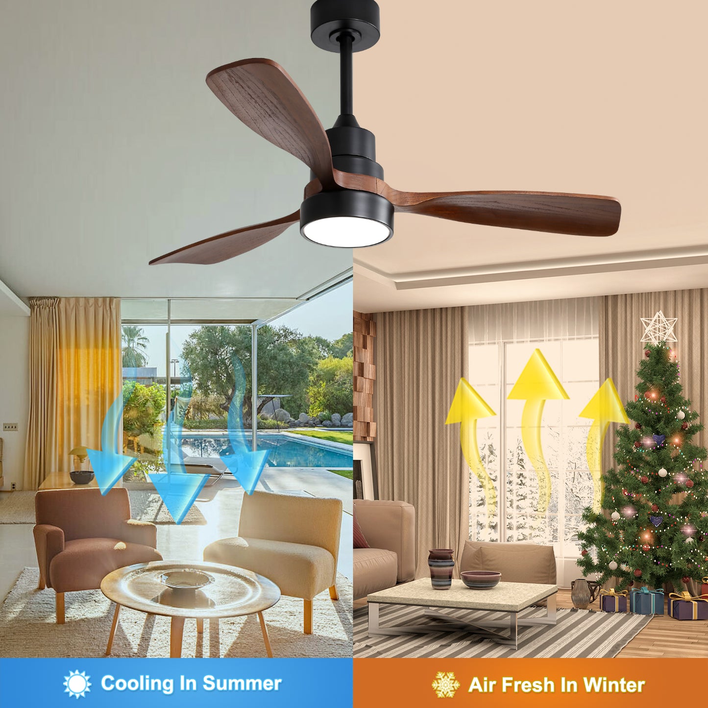 48 Inch Modern Ceiling Fan With Lights 3 Wood Fan Blade Noiseless Reversible Motor Smart Remote Control