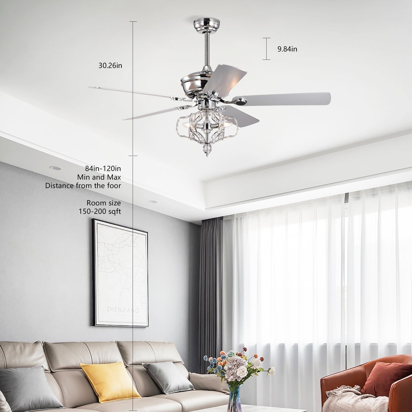 Crystal Ceiling Fan with Lights Fandelier Chandelier Reversible Blades 3 Wind Speeds Remote Control for Bedroom Living Dining Room Chrome 52 Inch