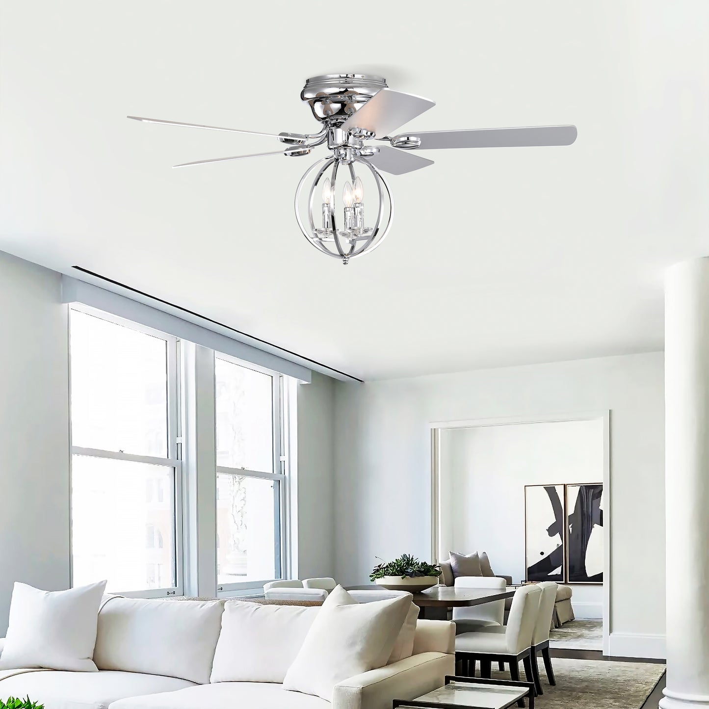 5-blade 52-inch Chrome Ceiling Fan with 3-Light (NO INCLUDE BULB) Chandelier (Remote Controlled)