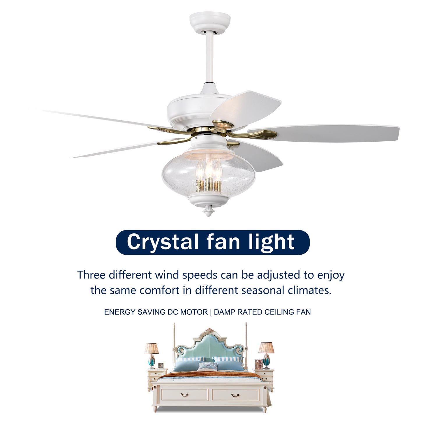 52'' Low Profile Ceiling Fan , White Modern Ceiling Fans with Remote Control for Bedroom,Living Room,3 Speed ,Glass Shade --Matte White