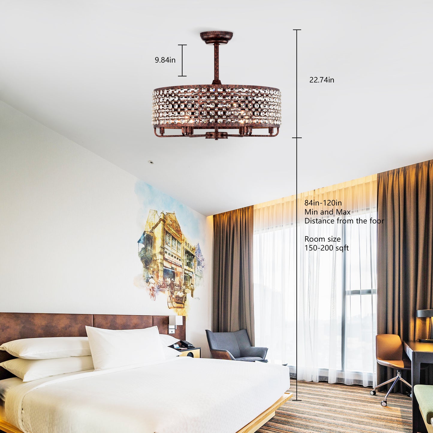 Dia 26.8 inch Chandelier Ceiling Fan ,Crystal Shade Ceiling Fan with Remote Control,3 ABS Blade--4-light( No Include Bulb)