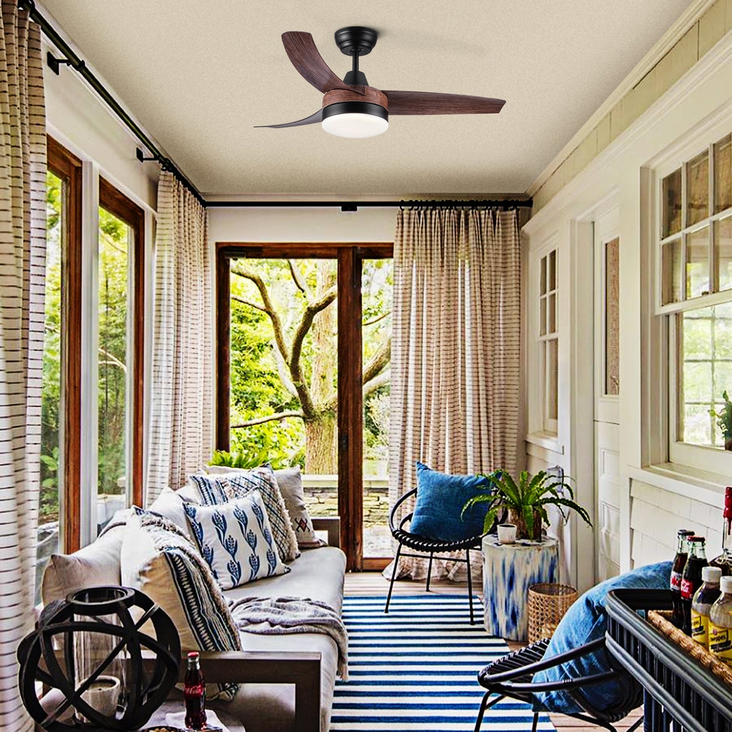 42" Farmhouse Rustic LED Ceiling Fan with Brown Wood Grain ABS Blades and Remote Control