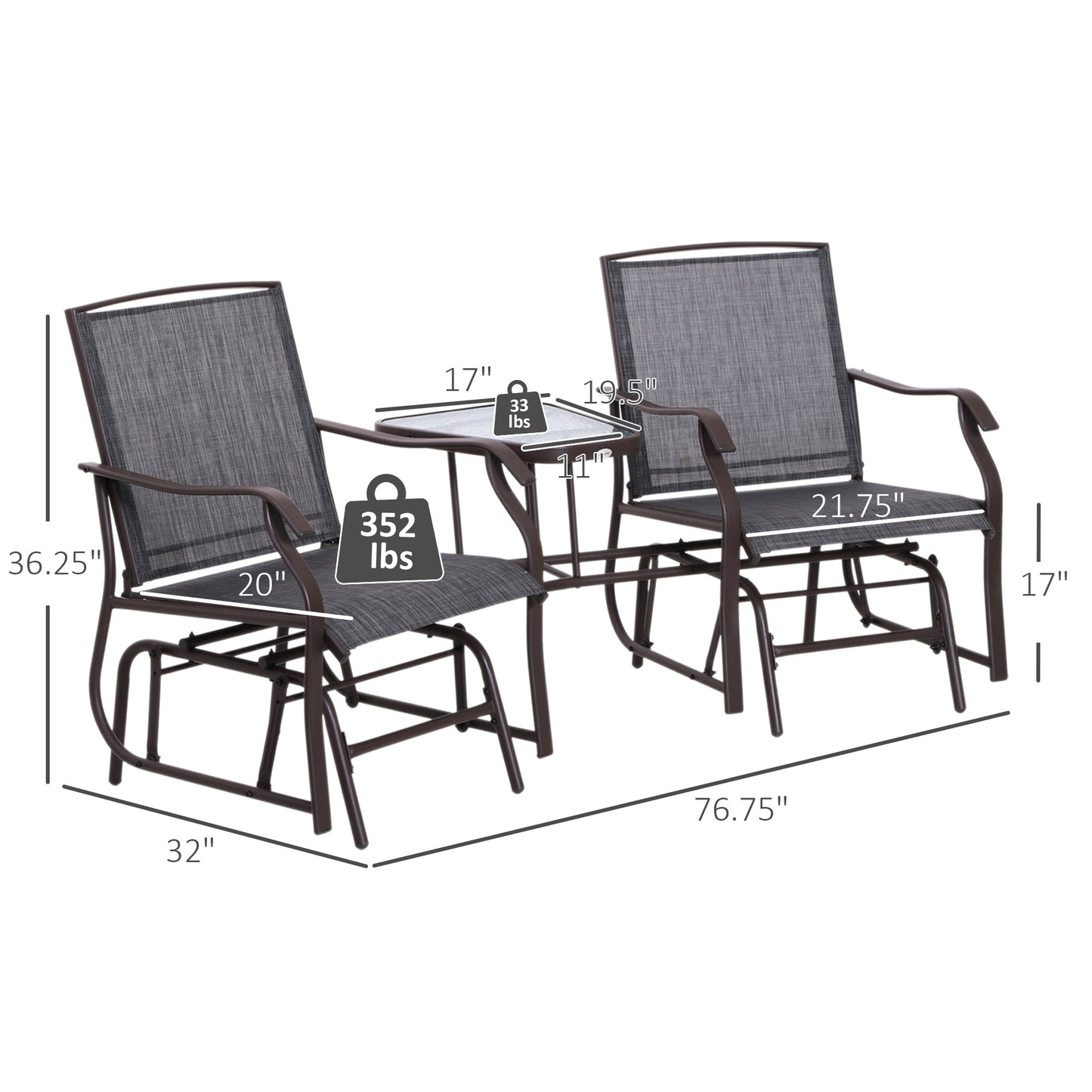 Outsunny Outdoor Glider Chairs with Coffee Table, Patio 2-Seat Rocking Chair Swing Loveseat with Breathable Sling for Backyard, Garden and Porch, Grey