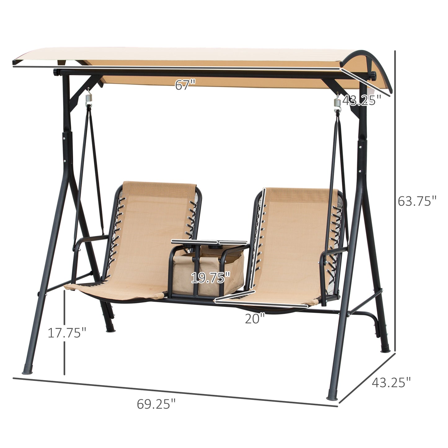 Outsunny 2-Seat Patio Swing Chair, Outdoor Canopy Swing Glider with Pivot Storage Table, Cup Holder, Adjustable Shade, Bungie Seat Suspension and Weather Resistant Steel Frame, Beige