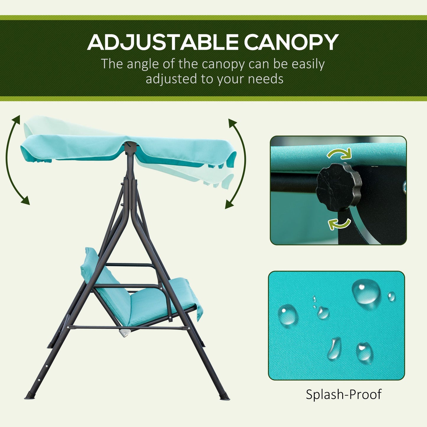 Outsunny Patio Porch Swing Chair with Adjustable Canopy, Seats 3 Adults, Steel Frame, Armrests, Green