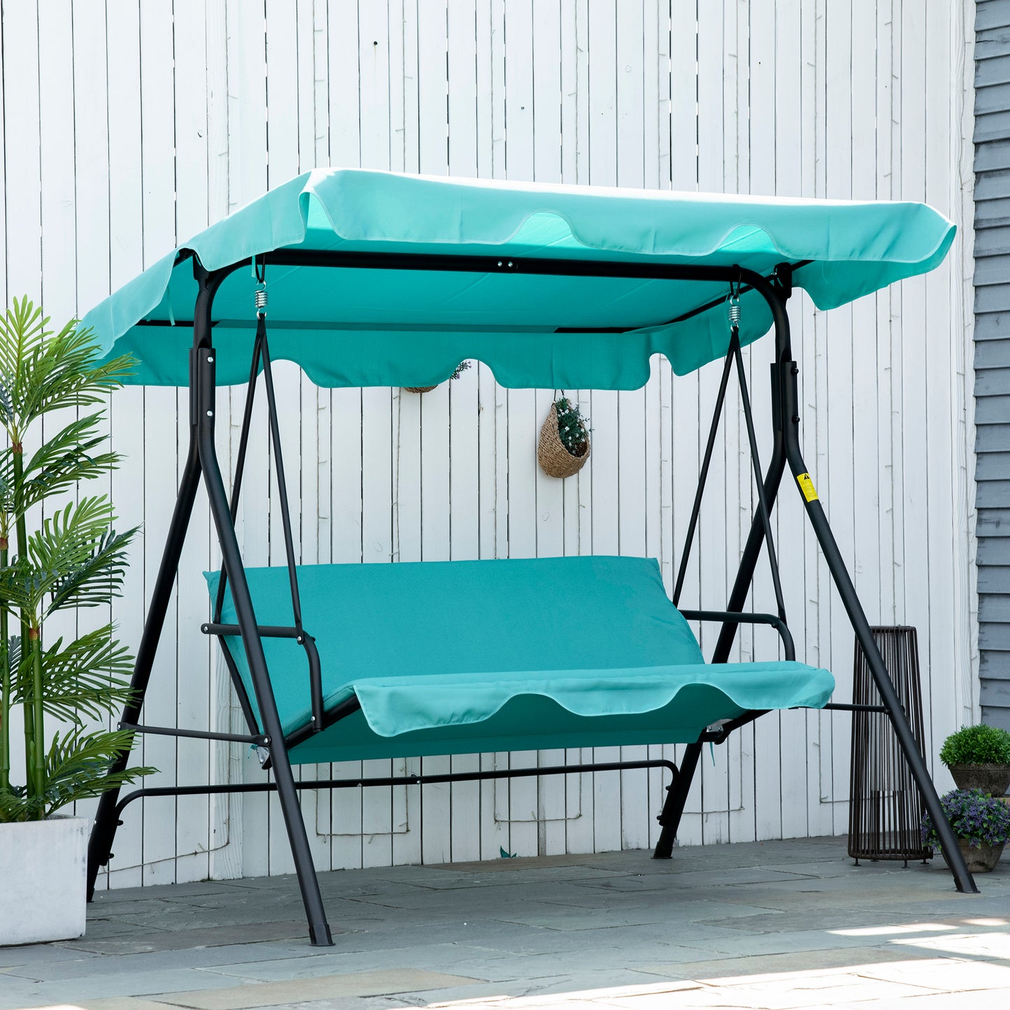 Outsunny Patio Porch Swing Chair with Adjustable Canopy, Seats 3 Adults, Steel Frame, Armrests, Green