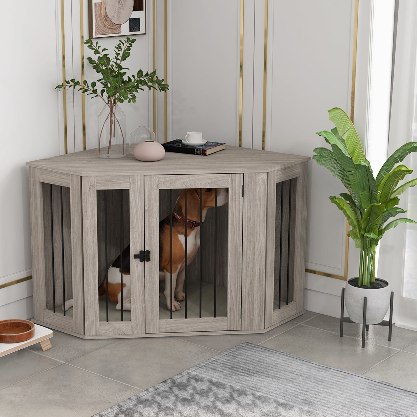 PawHut Corner Dog Crate Furniture, End Table Dog Kennel Furniture with Cushion, Pet Crate for Large-Sized Dog Indoor Use, Walnut Brown
