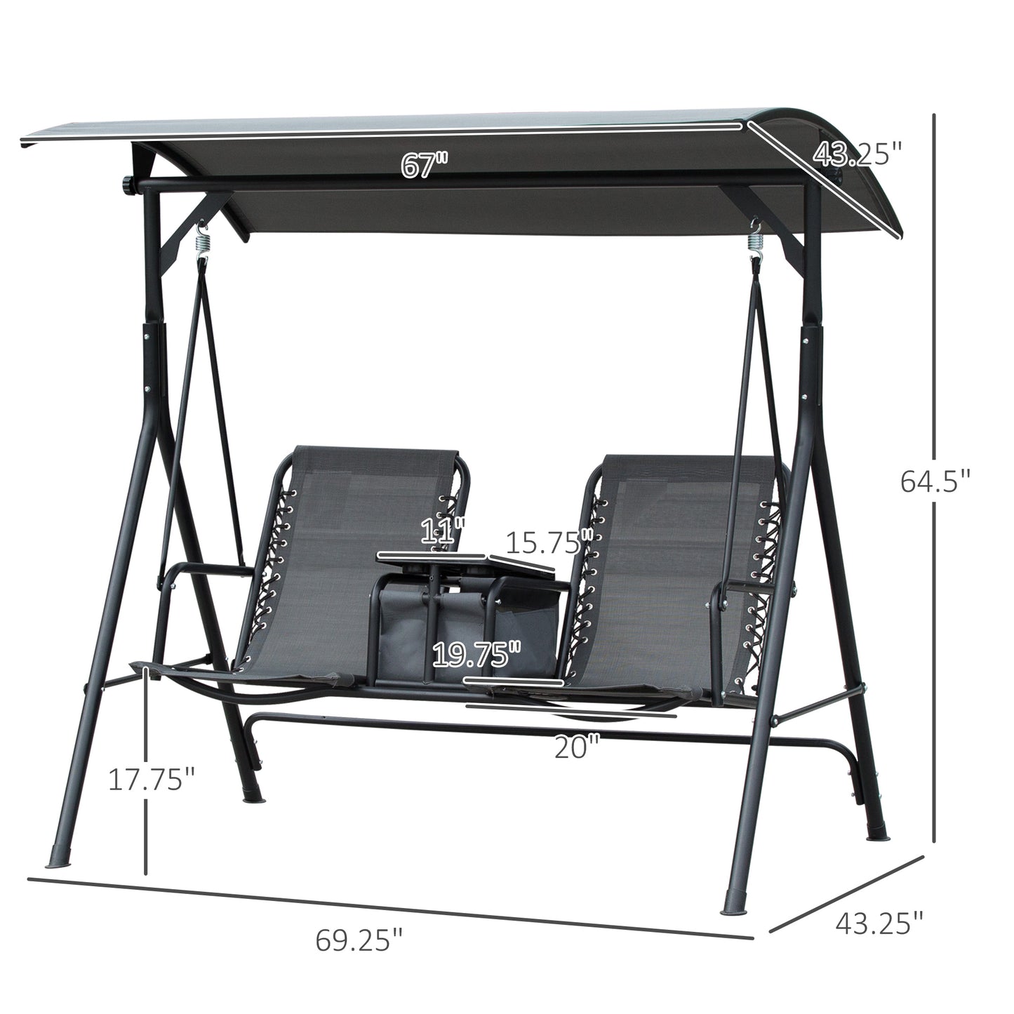 Outsunny 2-Seat Patio Swing Chair, Outdoor Canopy Swing Glider with Pivot Storage Table, Cup Holder, Adjustable Shade, Bungie Seat Suspension and Weather Resistant Steel Frame, Grey