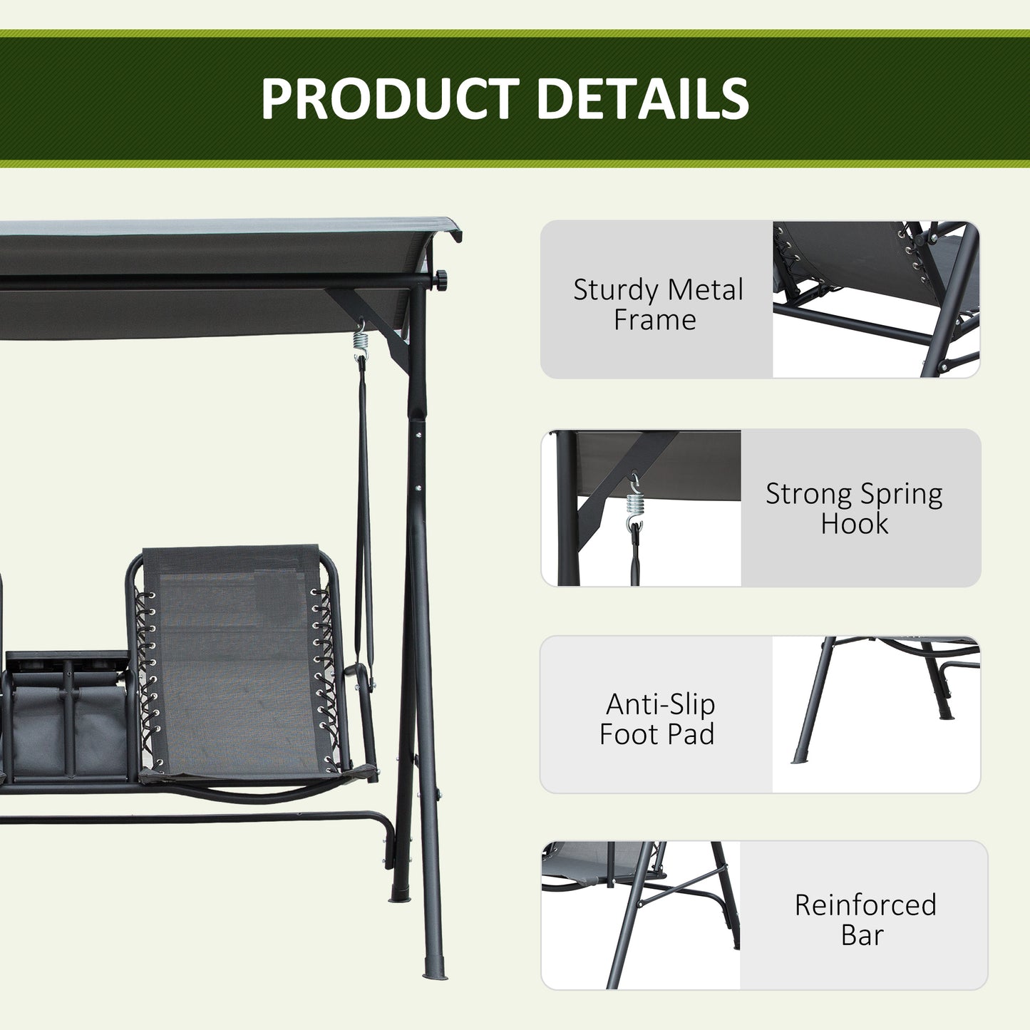 Outsunny 2-Seat Patio Swing Chair, Outdoor Canopy Swing Glider with Pivot Storage Table, Cup Holder, Adjustable Shade, Bungie Seat Suspension and Weather Resistant Steel Frame, Grey