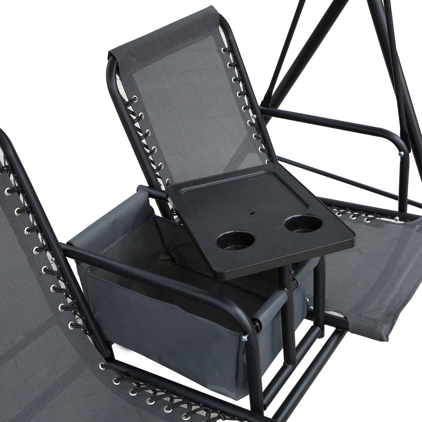 Outsunny 2-Seat Patio Swing Chair, Outdoor Canopy Swing Glider with Pivot Storage Table, Cup Holder, Adjustable Shade, Bungie Seat Suspension and Weather Resistant Steel Frame, Grey