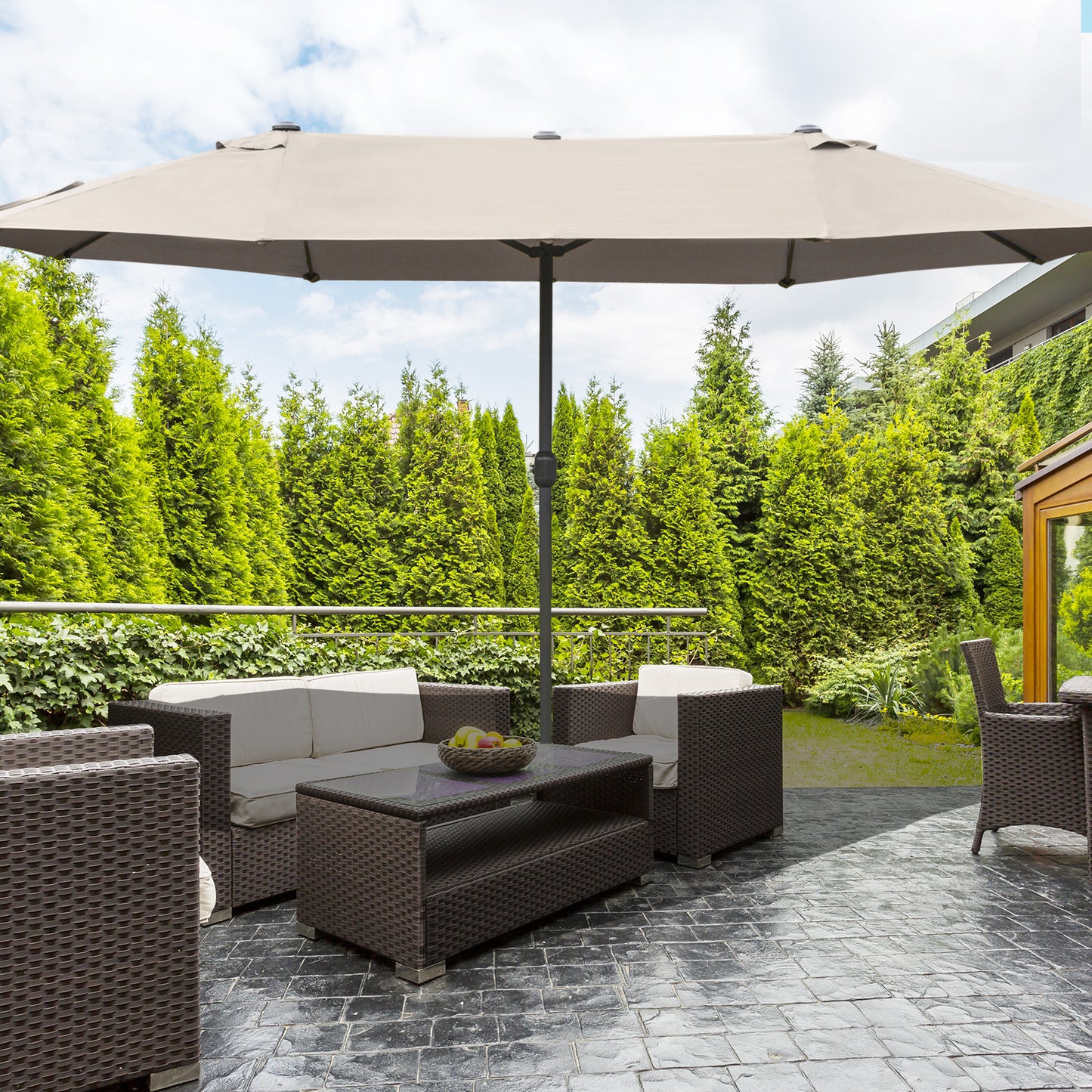 Outsunny Patio Umbrella 15' Steel Rectangular Outdoor Double Sided Market with base, Sun Protection & Easy Crank for Deck Pool Patio, Coffee