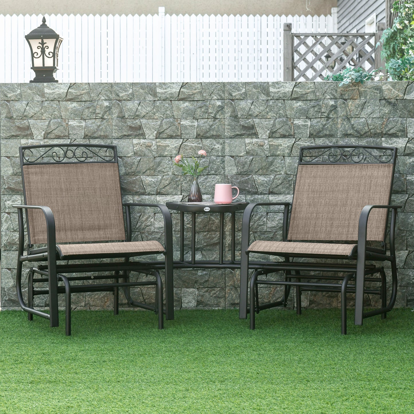 Outsunny Outdoor Glider Chairs with Coffee Table, Patio 2-Seat Rocking Chair Swing with Breathable Sling for Backyard, Garden and Porch, Brown