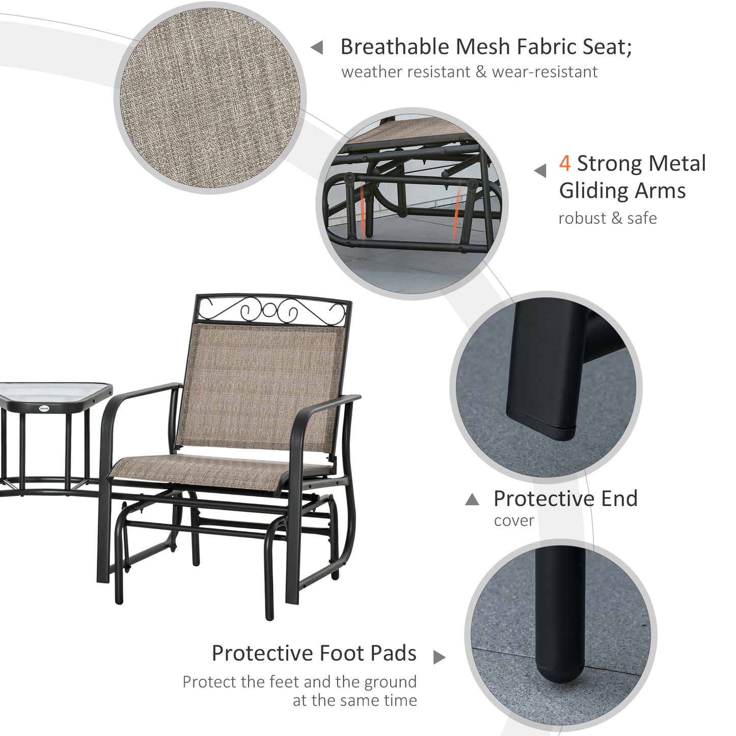 Outsunny Outdoor Glider Chairs with Coffee Table, Patio 2-Seat Rocking Chair Swing with Breathable Sling for Backyard, Garden and Porch, Brown