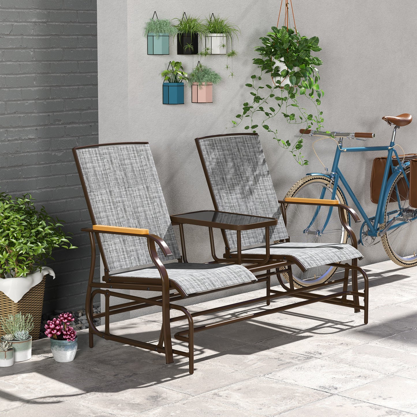 Outsunny 2 Person Outdoor Glider Bench, Patio Swing Glider Chair Loveseat with Breathable Mesh, Table, Steel Frame for Garden, Backyard, Porch, Gray