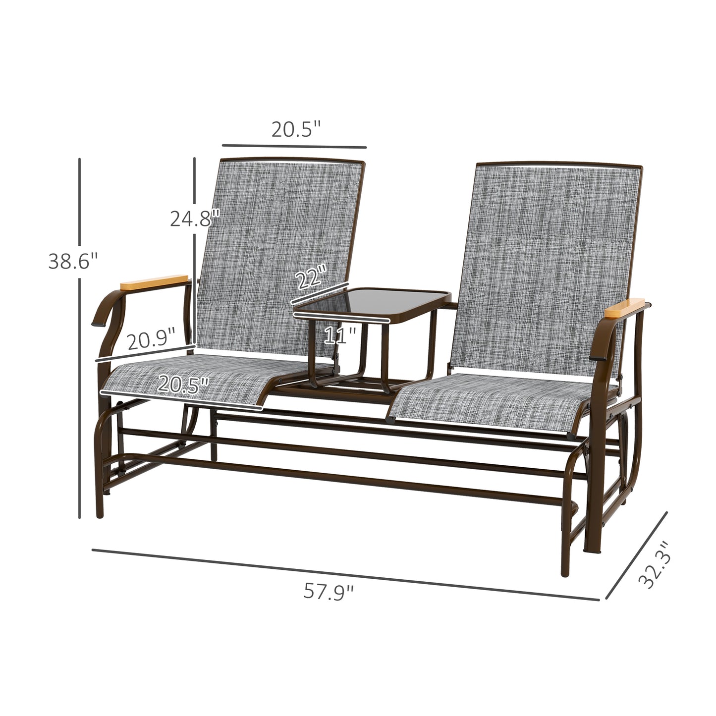 Outsunny 2 Person Outdoor Glider Bench, Patio Swing Glider Chair Loveseat with Breathable Mesh, Table, Steel Frame for Garden, Backyard, Porch, Gray