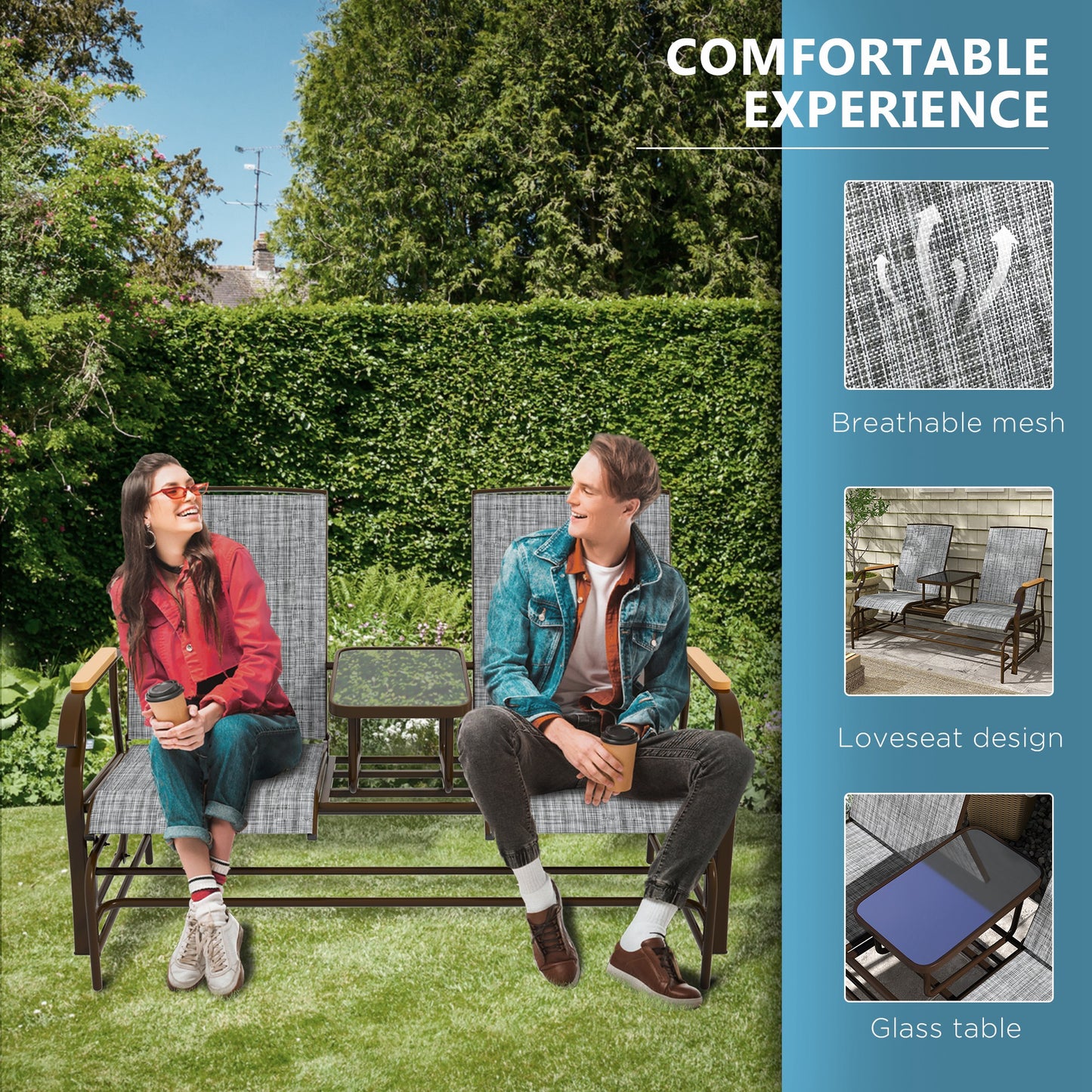 Outsunny 2 Person Outdoor Glider Bench, Patio Swing Glider Chair Loveseat with Breathable Mesh, Table, Steel Frame for Garden, Backyard, Porch, Gray