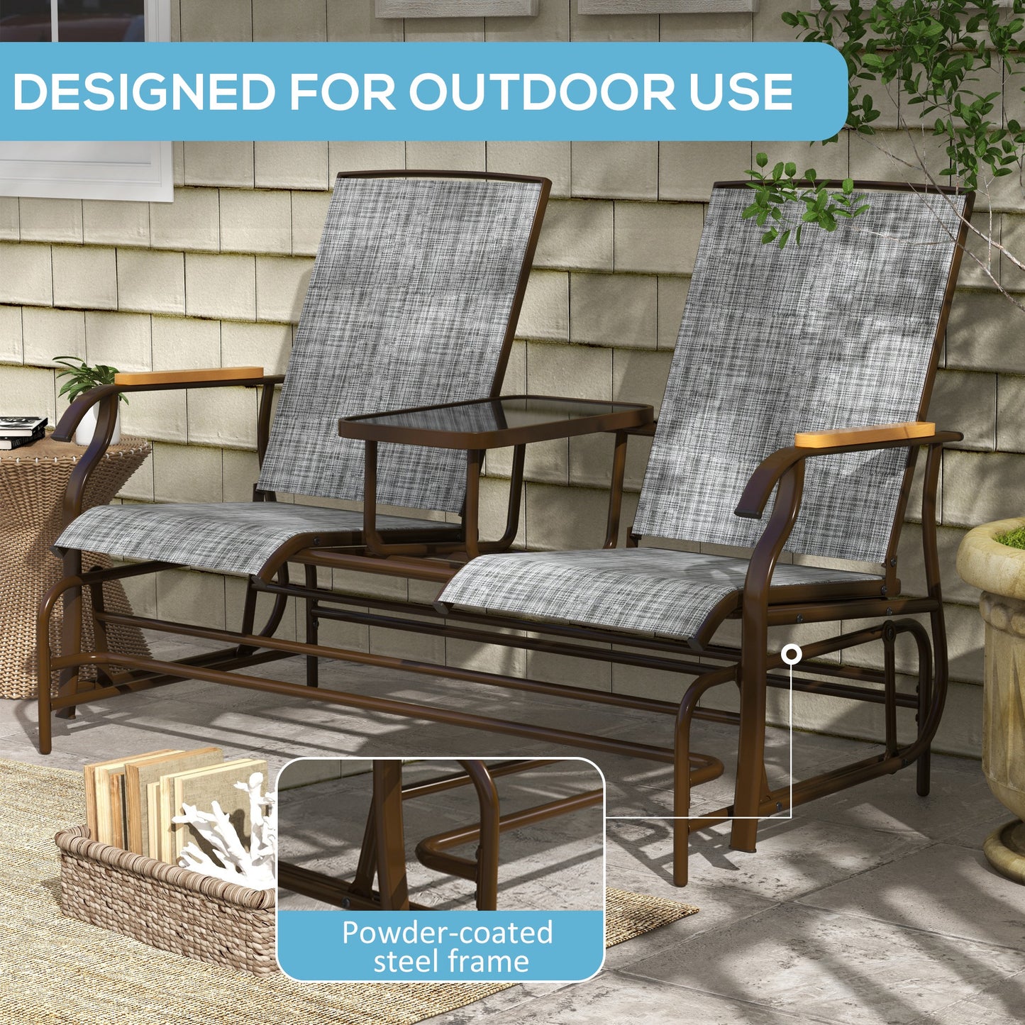 Outsunny 2 Person Outdoor Glider Bench, Patio Swing Glider Chair Loveseat with Breathable Mesh, Table, Steel Frame for Garden, Backyard, Porch, Gray