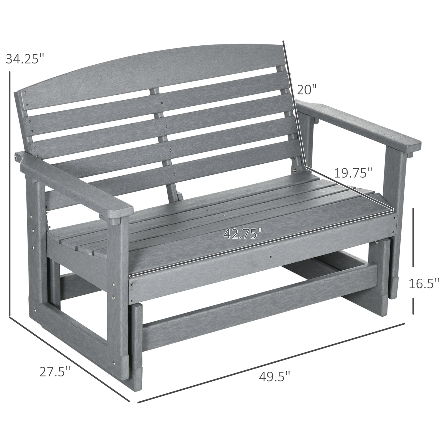 Outsunny 2-Person Outdoor Glider Bench Patio Double Swing Rocking Chair Loveseat w/ Slatted HDPE Frame for Backyard Garden Porch, Light Gray