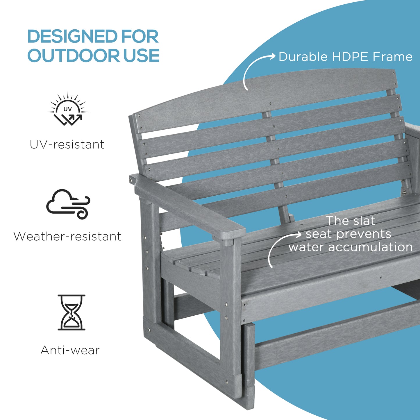 Outsunny 2-Person Outdoor Glider Bench Patio Double Swing Rocking Chair Loveseat w/ Slatted HDPE Frame for Backyard Garden Porch, Light Gray