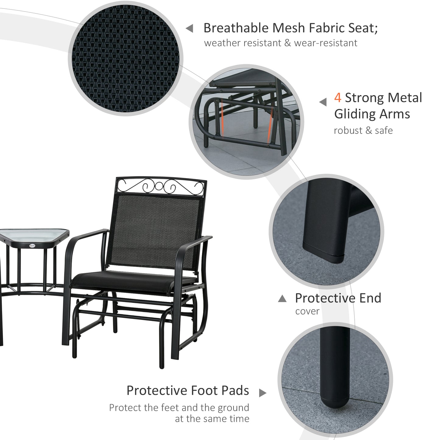 Outsunny Outdoor Glider Chairs with Coffee Table, Patio 2-Seat Rocking Chair Swing with Breathable Sling for Backyard, Garden and Porch, Black