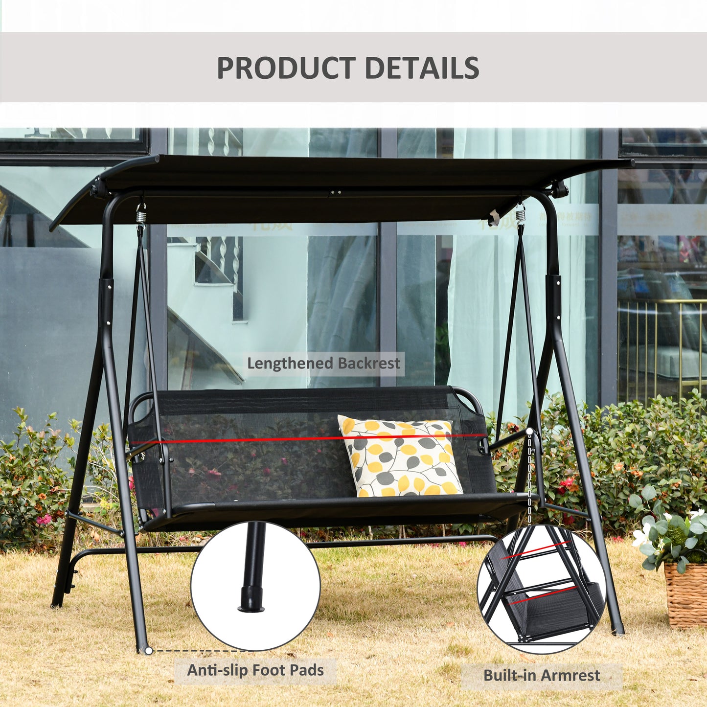 Outsunny Patio Swing Chair with Canopy, Seats 2 Adults Loveseat Bench with Adjustable Tilt Canopy, Armrests, A-Frame Steel, Breathable Mesh for Backyard, Garden, Black
