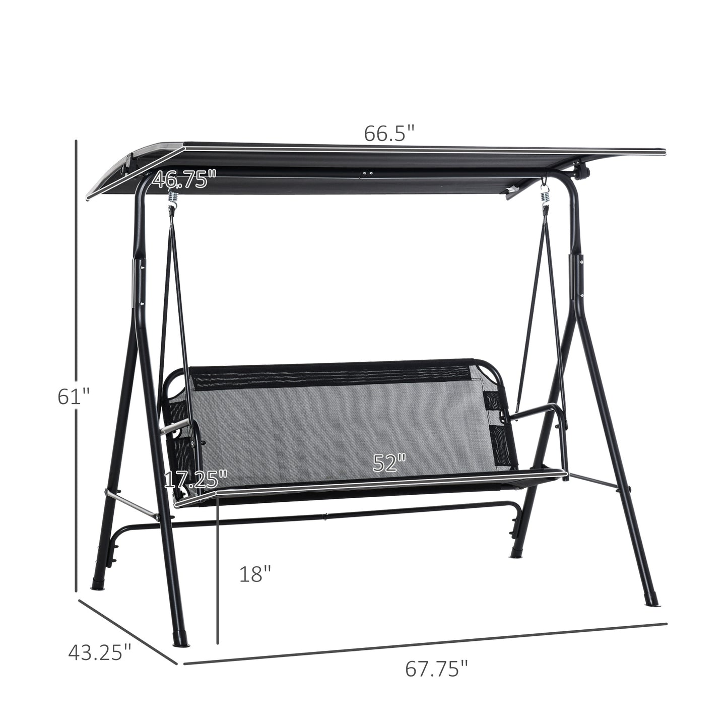 Outsunny Patio Swing Chair with Canopy, Seats 2 Adults Loveseat Bench with Adjustable Tilt Canopy, Armrests, A-Frame Steel, Breathable Mesh for Backyard, Garden, Black