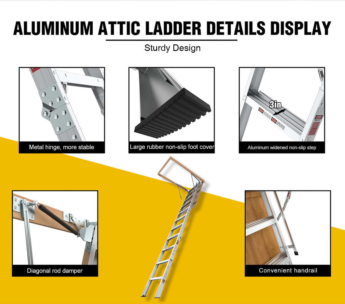 Household Aluminum Attic Ladder 25" x 54" ,350lbs Capacity, 7-10 ft Ceiling Height