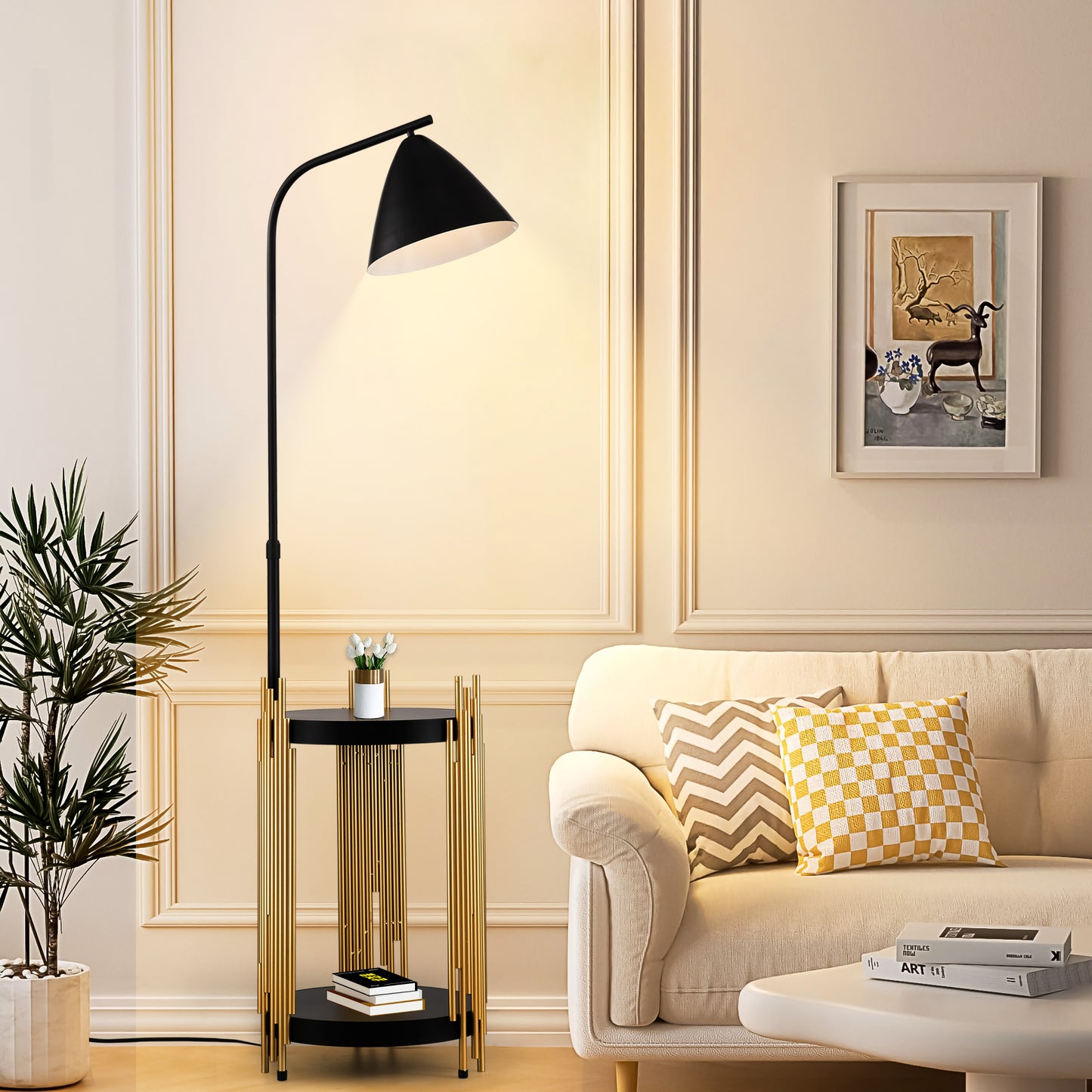 Luxury Shelves Floor Lamp for Living Room with Metal Lampshade, Standing Lamp Tall Industrial Floor Lamp Reading for Bedroom, Office (E26 No Included Bulb) -Matte Gold+Matte Black