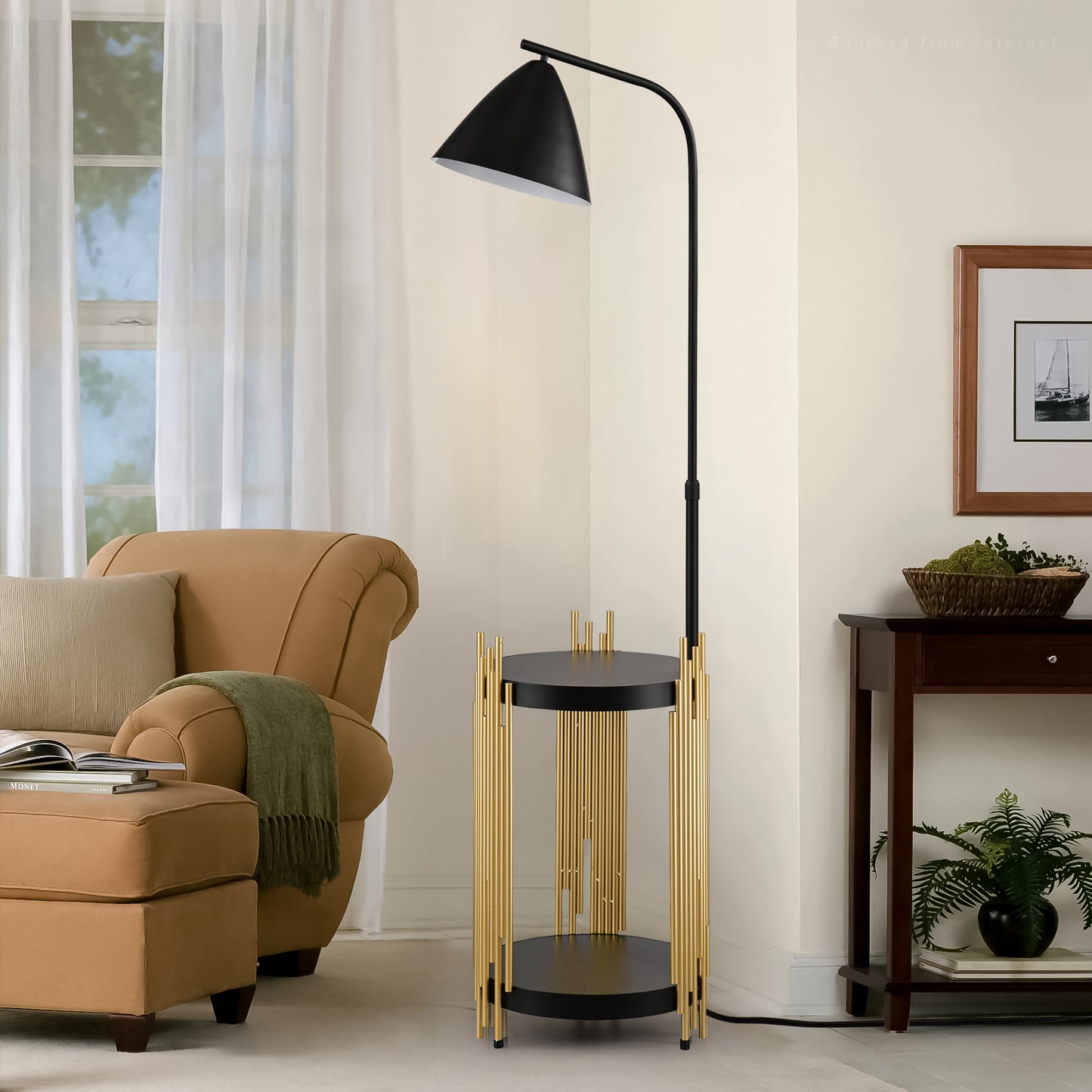 Luxury Shelves Floor Lamp for Living Room with Metal Lampshade, Standing Lamp Tall Industrial Floor Lamp Reading for Bedroom, Office (E26 No Included Bulb) -Matte Gold+Matte Black