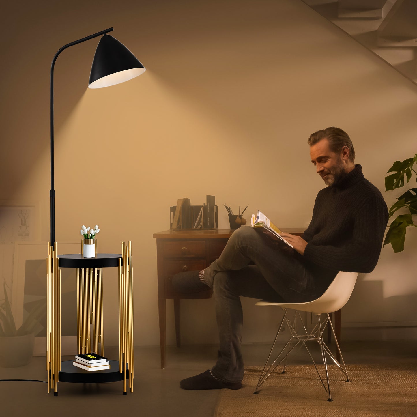 Luxury Shelves Floor Lamp for Living Room with Metal Lampshade, Standing Lamp Tall Industrial Floor Lamp Reading for Bedroom, Office (E26 No Included Bulb) -Matte Gold+Matte Black