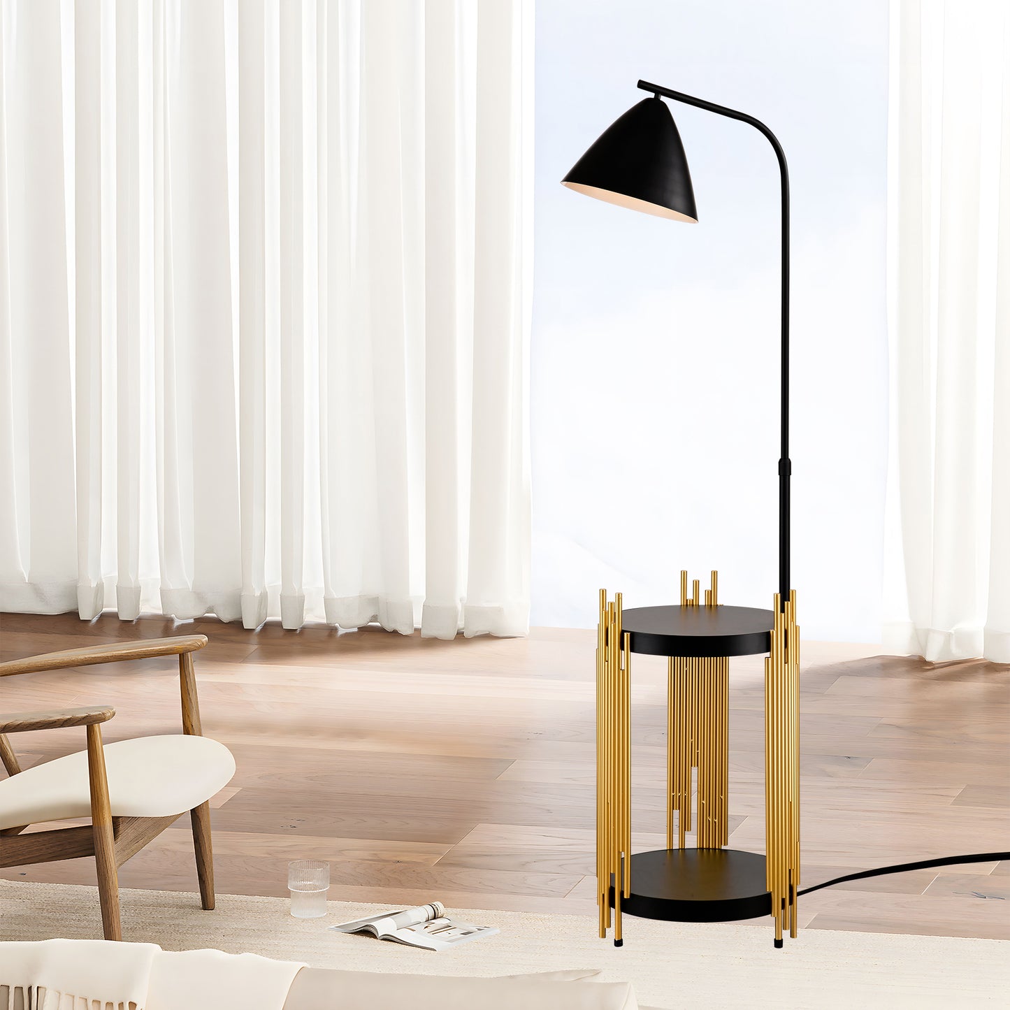 Luxury Shelves Floor Lamp for Living Room with Metal Lampshade, Standing Lamp Tall Industrial Floor Lamp Reading for Bedroom, Office (E26 No Included Bulb) -Matte Gold+Matte Black