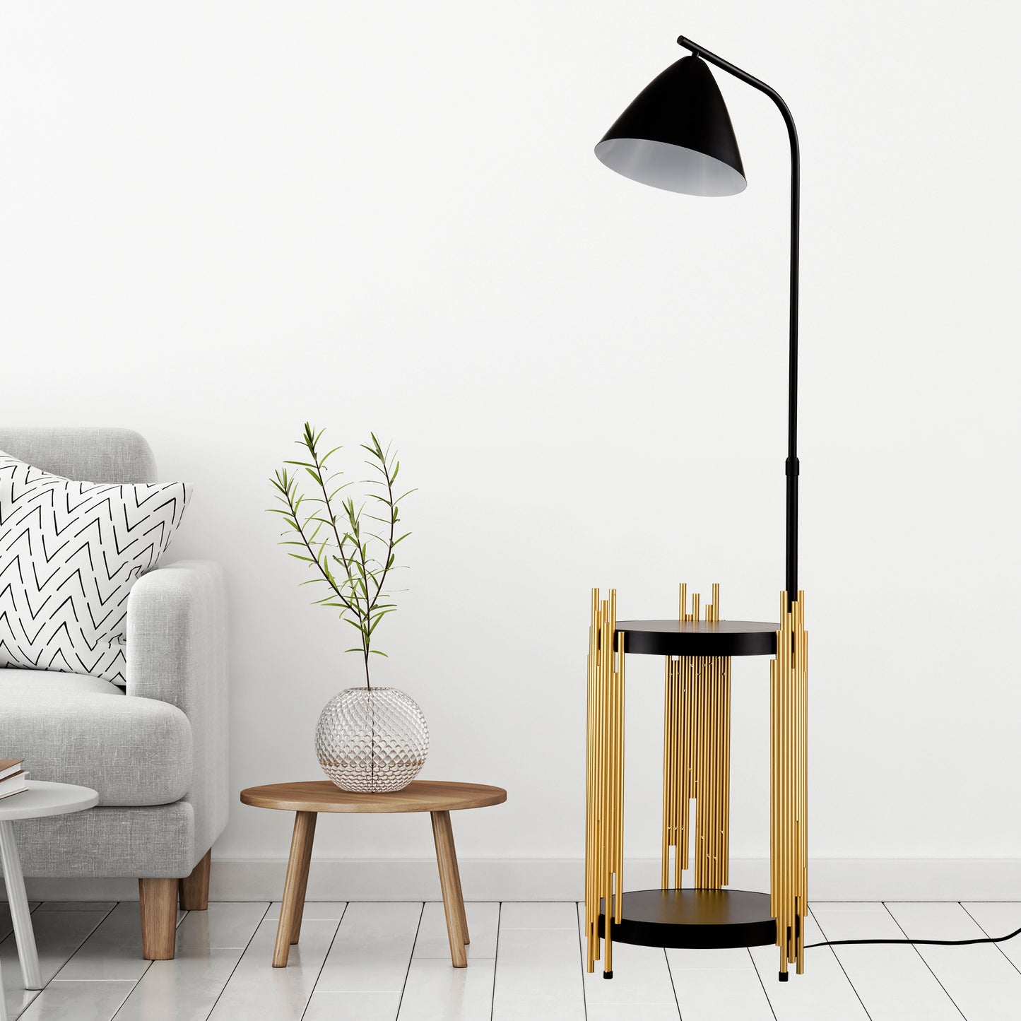 Luxury Shelves Floor Lamp for Living Room with Metal Lampshade, Standing Lamp Tall Industrial Floor Lamp Reading for Bedroom, Office (E26 No Included Bulb) -Matte Gold+Matte Black