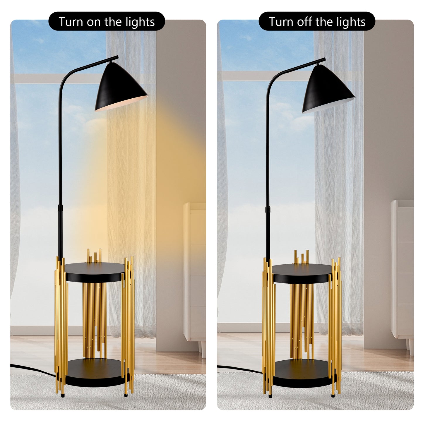 Luxury Shelves Floor Lamp for Living Room with Metal Lampshade, Standing Lamp Tall Industrial Floor Lamp Reading for Bedroom, Office (E26 No Included Bulb) -Matte Gold+Matte Black