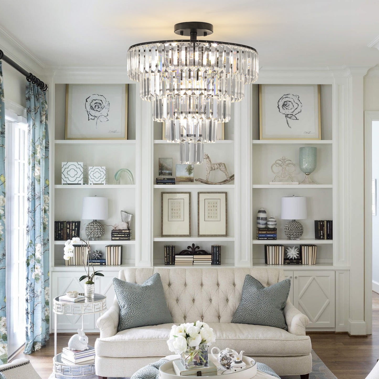 20" Black Crystal Chandelier Ceiling Light, Modern Luxury 10-Light Flush Mount Light Fixture, Elegant Home Lighting for Living Room, Dining Room, Bedroom (No Bulbs)