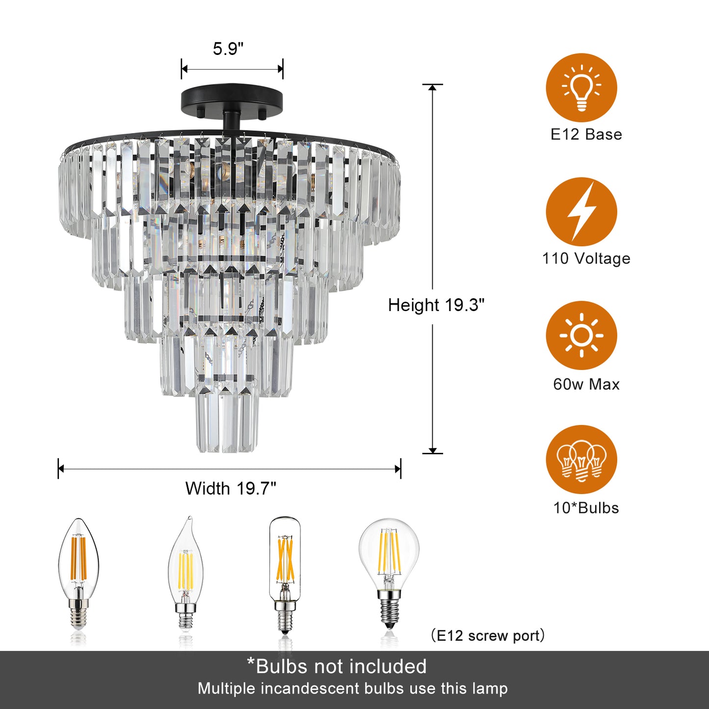 20" Black Crystal Chandelier Ceiling Light, Modern Luxury 10-Light Flush Mount Light Fixture, Elegant Home Lighting for Living Room, Dining Room, Bedroom (No Bulbs)