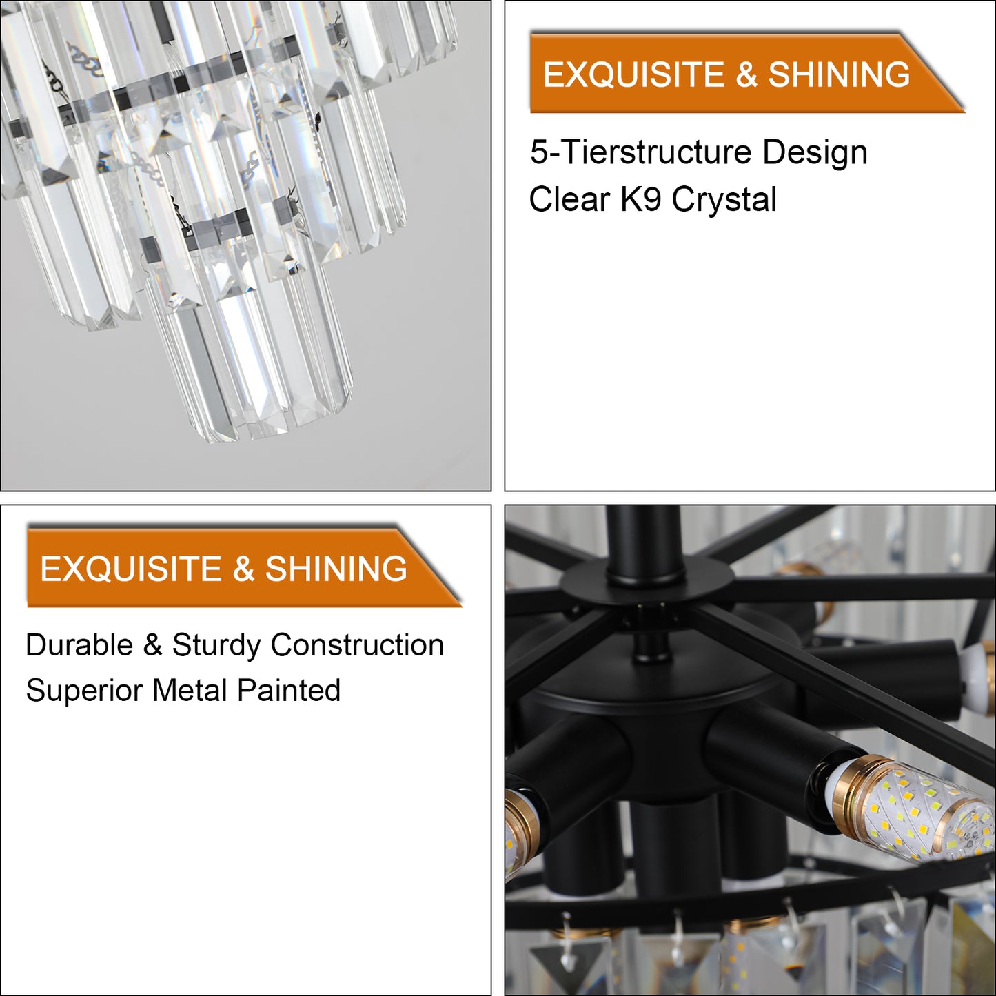 20" Black Crystal Chandelier Ceiling Light, Modern Luxury 10-Light Flush Mount Light Fixture, Elegant Home Lighting for Living Room, Dining Room, Bedroom (No Bulbs)