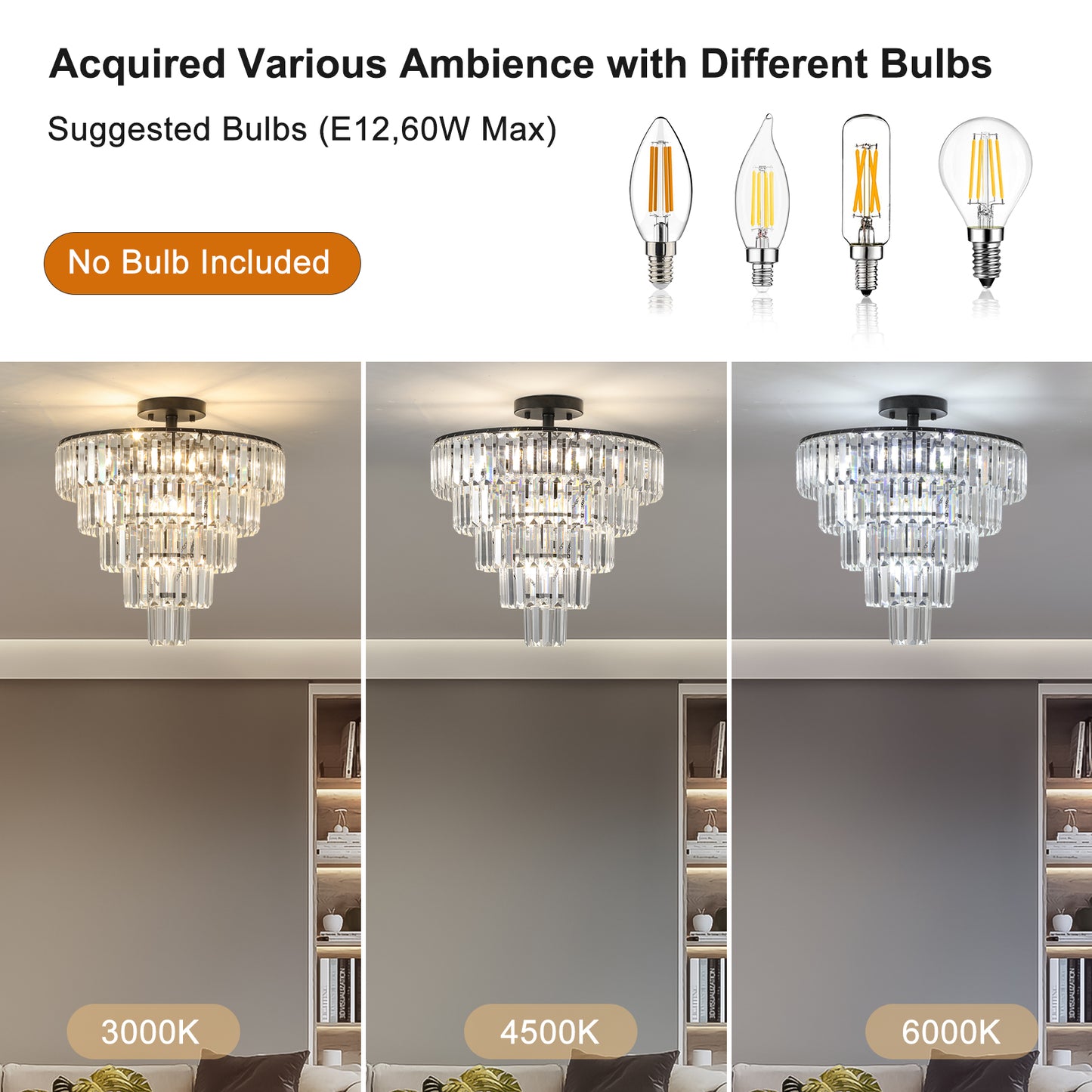 20" Black Crystal Chandelier Ceiling Light, Modern Luxury 10-Light Flush Mount Light Fixture, Elegant Home Lighting for Living Room, Dining Room, Bedroom (No Bulbs)