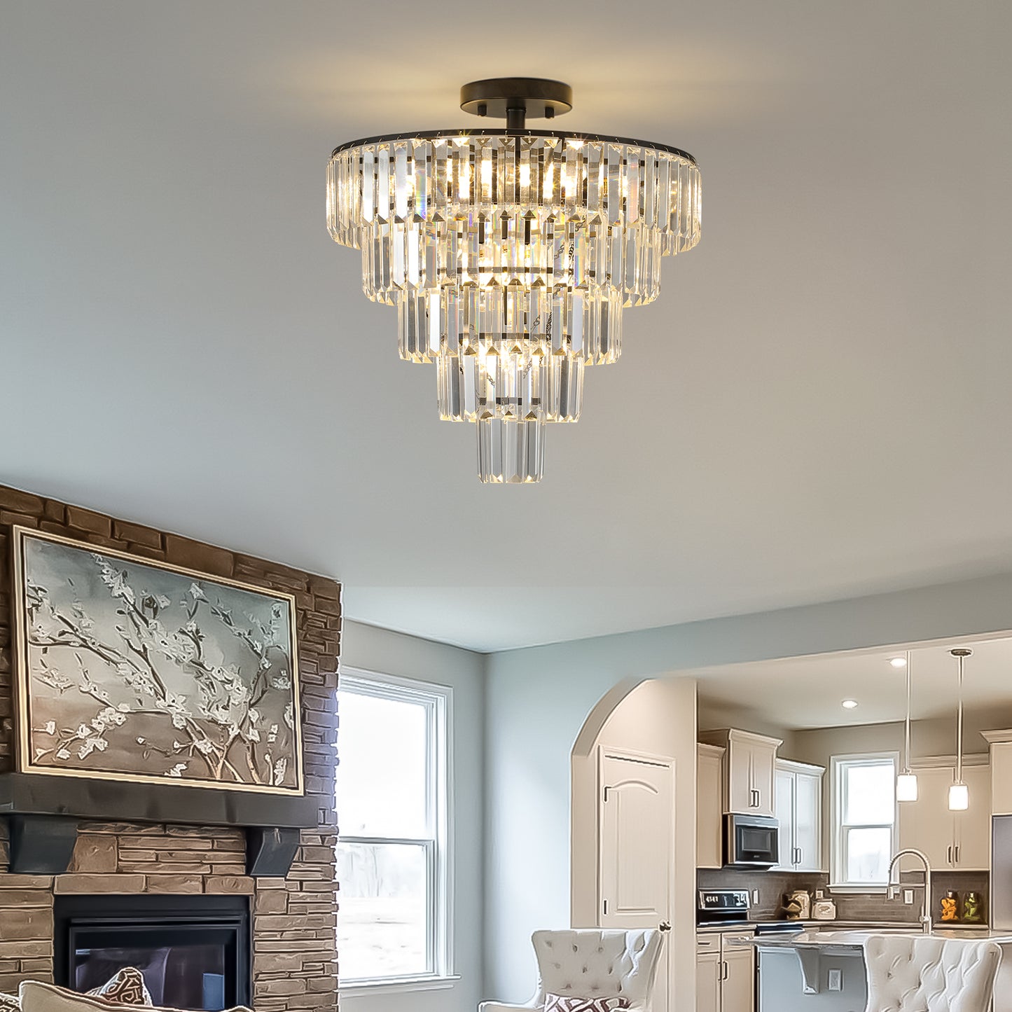 20" Black Crystal Chandelier Ceiling Light, Modern Luxury 10-Light Flush Mount Light Fixture, Elegant Home Lighting for Living Room, Dining Room, Bedroom (No Bulbs)