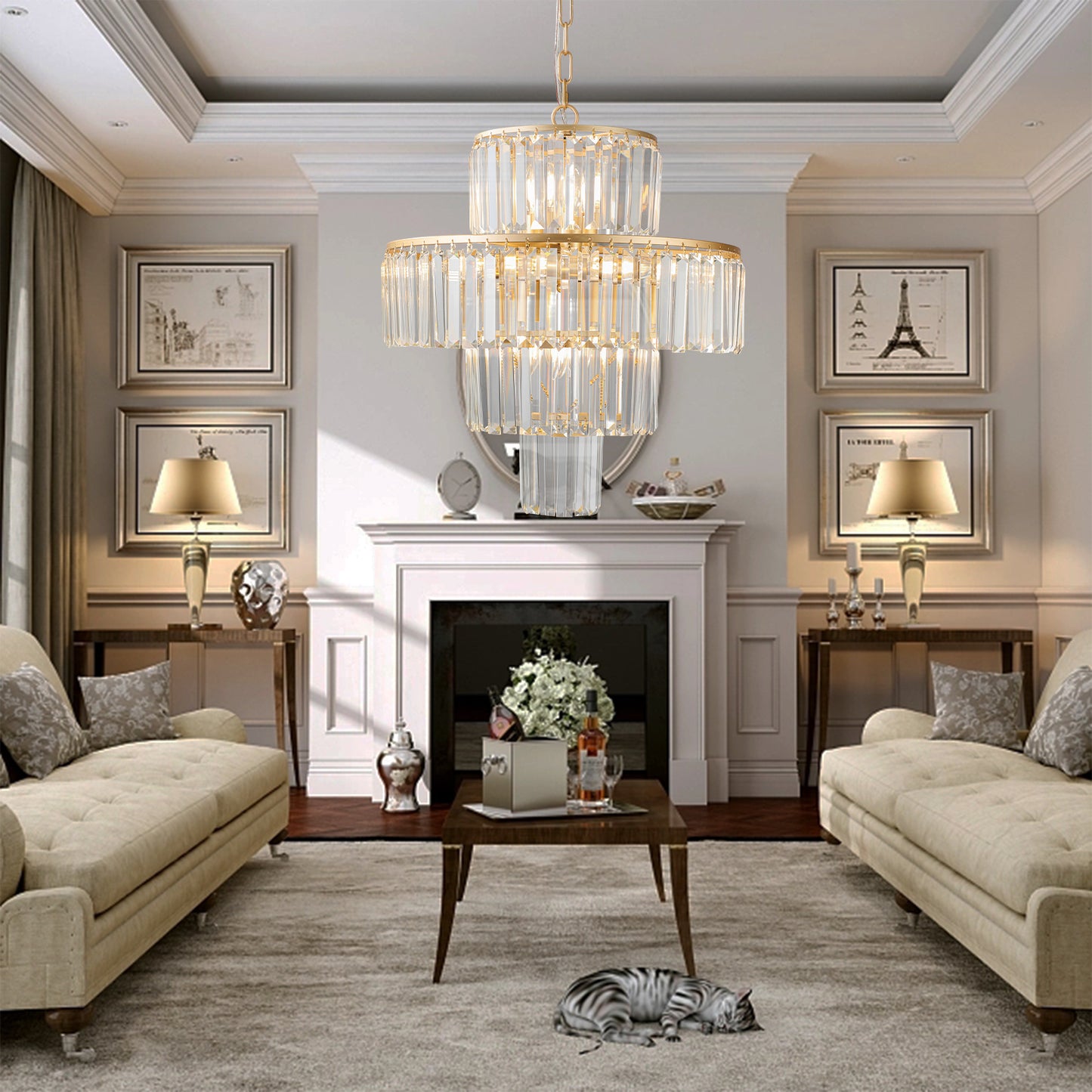 20" Luxury 4-Tier Crystal Chandelier, 12-Light Gold Frame Pendant Light, Elegant Ceiling Lighting for Living Room, Dining Room, Bedroom (No Bulbs)