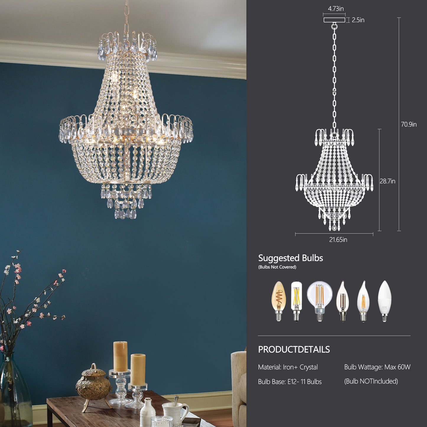 Gold Crystal Chandeliers,Large Contemporary Luxury Ceiling Lighting for Living Room Dining Room Bedroom Hallway