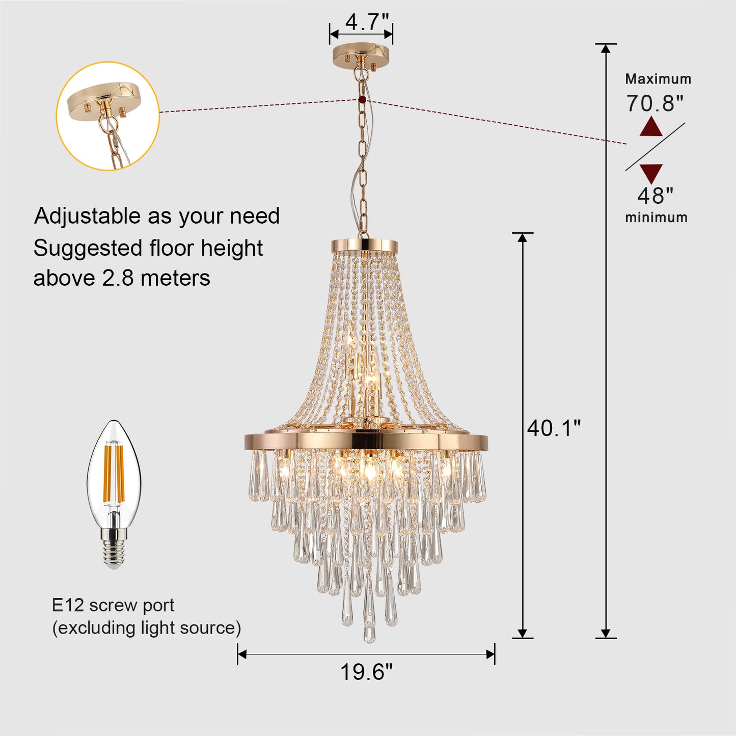 20" Modern Crystal Pendant Chandelier with Golden Finish – Elegant 11-Light Hanging Light Fixture Tiered Design for Dining Room, Living Room, or Entryway (No Bulbs)