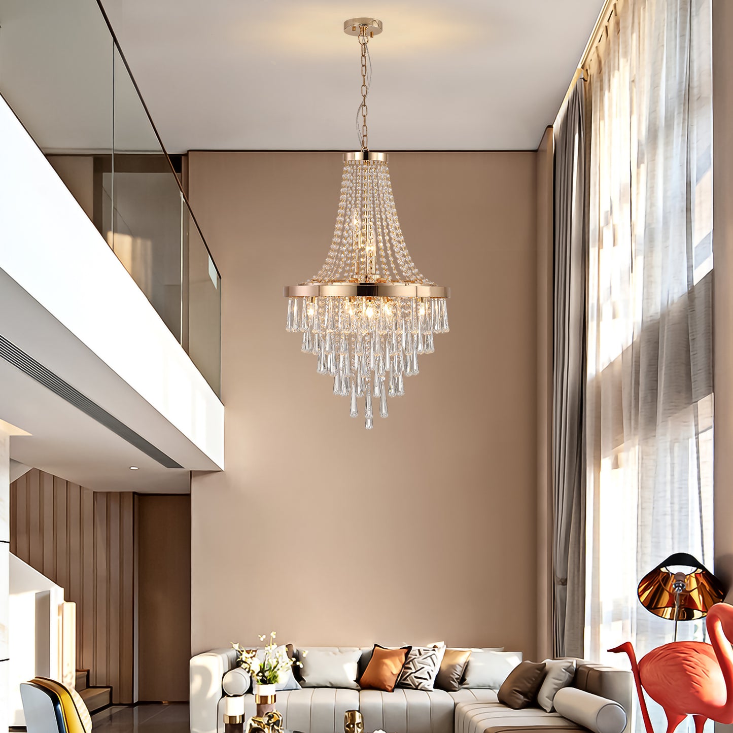 20" Modern Crystal Pendant Chandelier with Golden Finish – Elegant 11-Light Hanging Light Fixture Tiered Design for Dining Room, Living Room, or Entryway (No Bulbs)