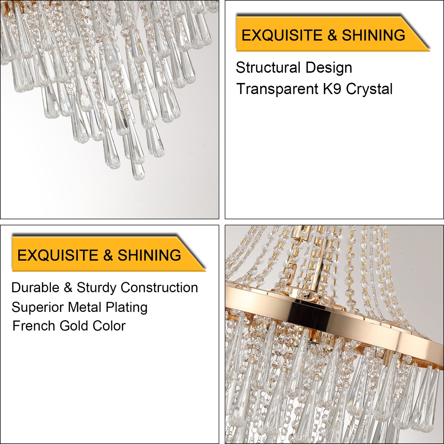 20" Modern Crystal Pendant Chandelier with Golden Finish – Elegant 11-Light Hanging Light Fixture Tiered Design for Dining Room, Living Room, or Entryway (No Bulbs)