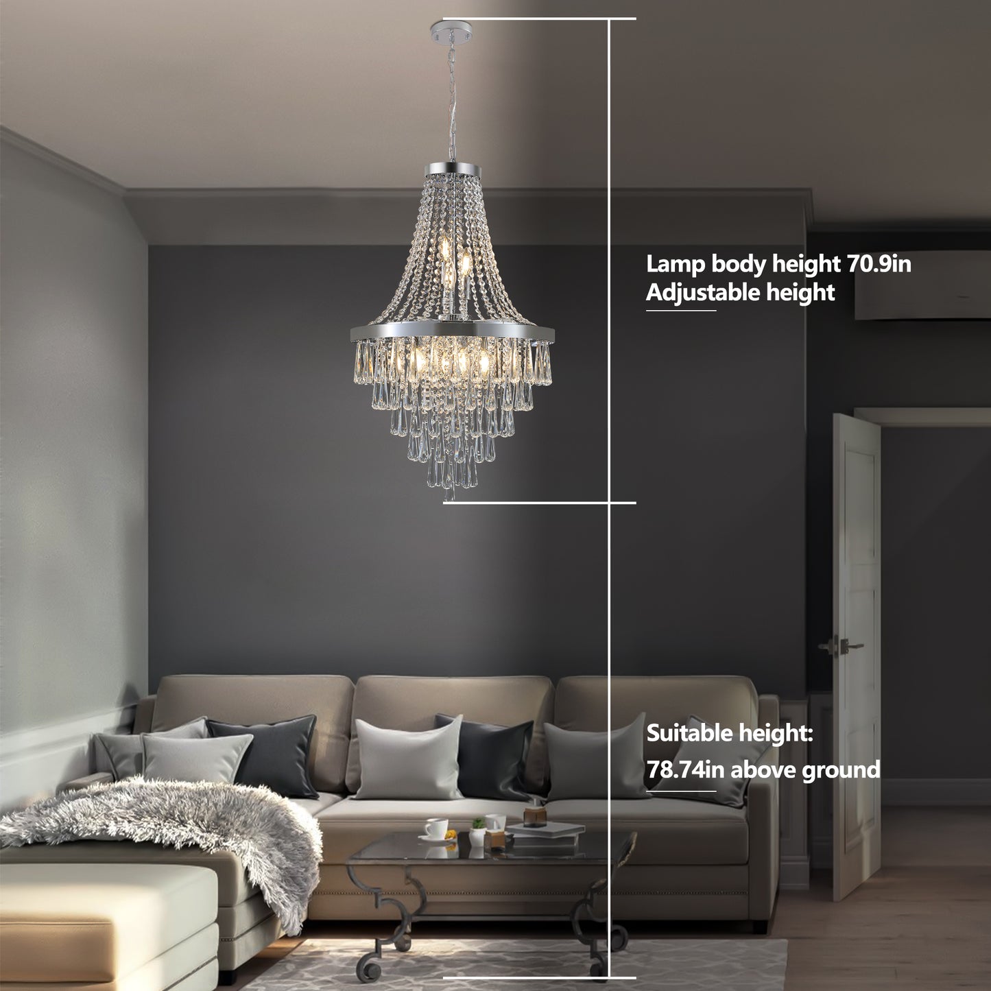 20" Chrome Crystal Chandelier with Adjustable Height, Modern Ceiling Light Fixture for Living Room, Dining Room, Staircase, 11-Light E12 Bulb Base (No Bulbs)
