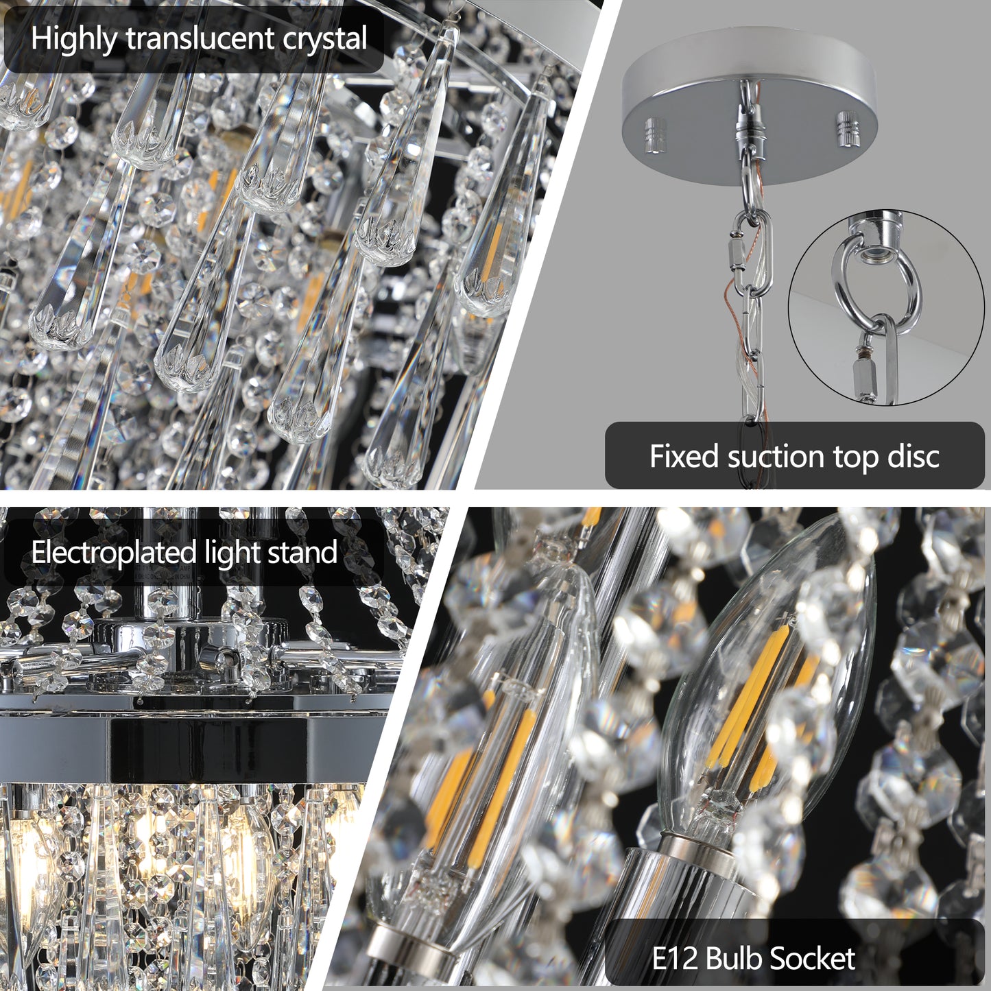 20" Chrome Crystal Chandelier with Adjustable Height, Modern Ceiling Light Fixture for Living Room, Dining Room, Staircase, 11-Light E12 Bulb Base (No Bulbs)