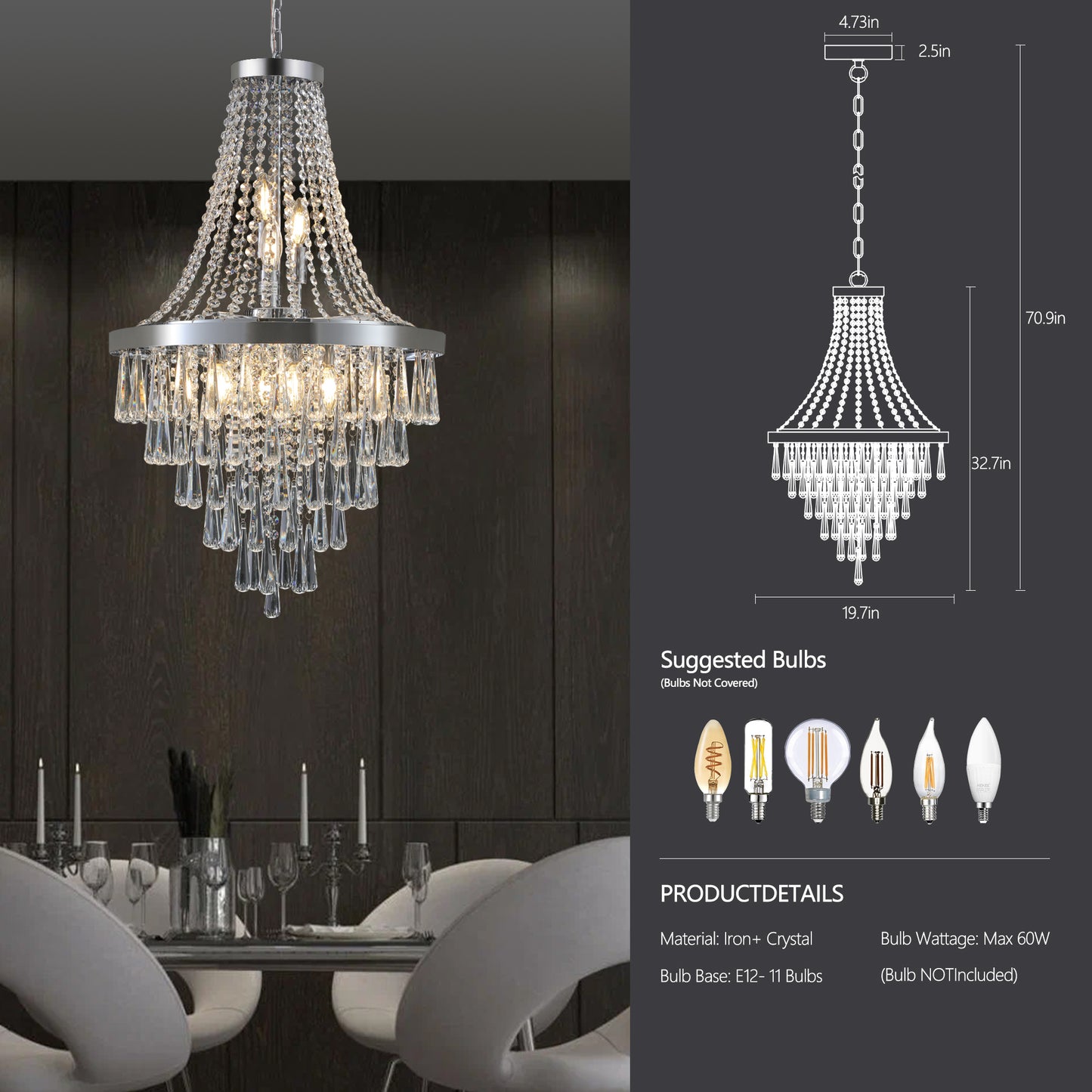 20" Chrome Crystal Chandelier with Adjustable Height, Modern Ceiling Light Fixture for Living Room, Dining Room, Staircase, 11-Light E12 Bulb Base (No Bulbs)