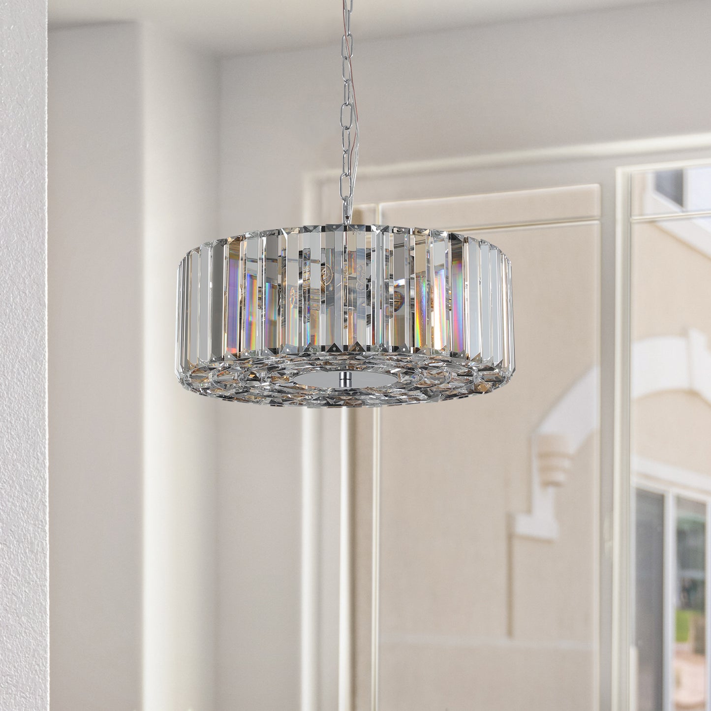 17" Chrome Crystal Pendant Chandelier, Modern Hanging Light Fixture with Adjustable Height, 4-Light E26 Base for Living Room, Dining Room, or Kitchen (No Bulbs)