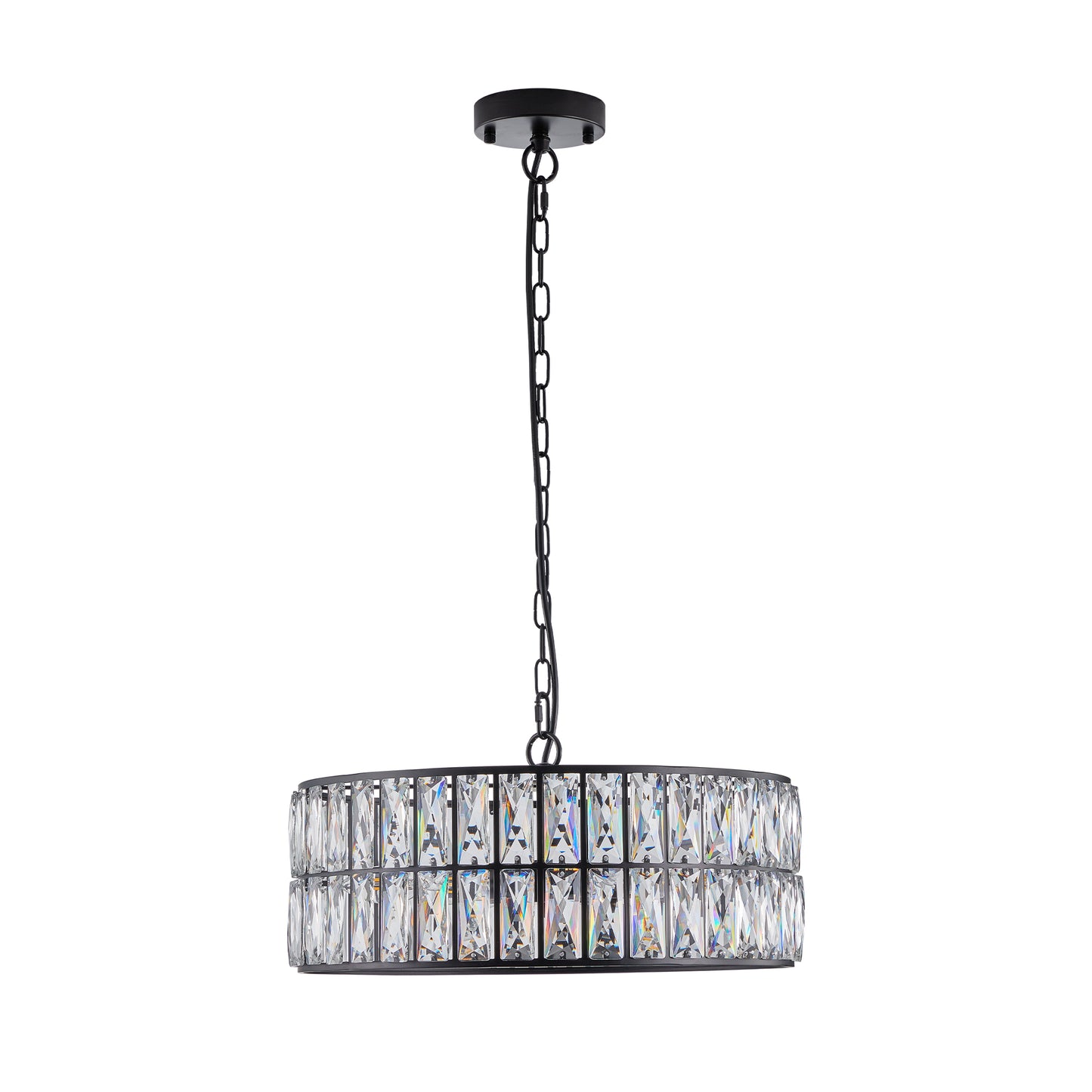 18" Black Modern Crystal Drum Chandelier, 6-Light Pendant Lighting Fixture with Metal Frame for Living Room, Dining Room, and Bedroom (Bulbs Not Included)
